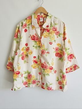Emma James Linen Blend Floral Print Button Down Shirt Women's Plus Size 20W